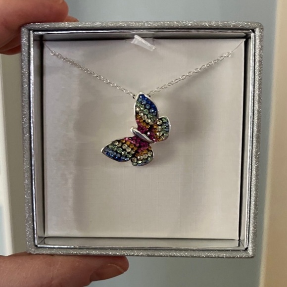 Sparkly Crystal Rainbow Butterfly Charm Necklace Silver Plated - Picture 2 of 6